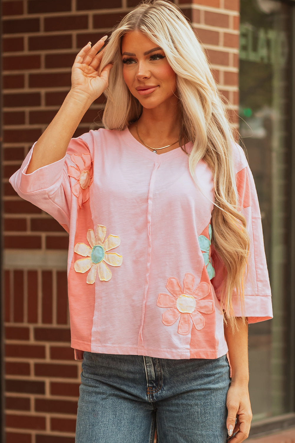 Wrenleigh Oversized T-Shirt with Flower Patch and Exposed Seams - Image 5