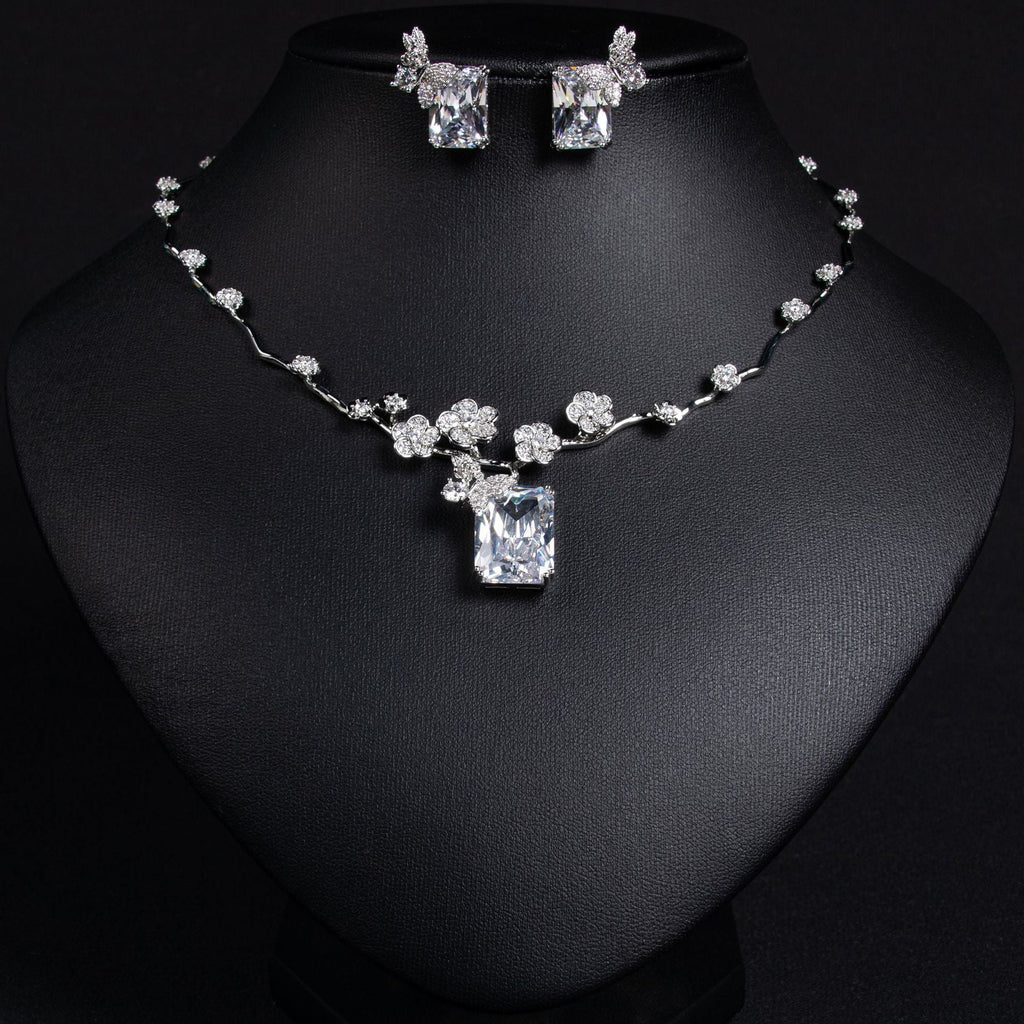 European And American New Ruby Necklace Earrings Suit Simple Joker Fashion Square Zircon Necklace Clavicle Chain Wholesale