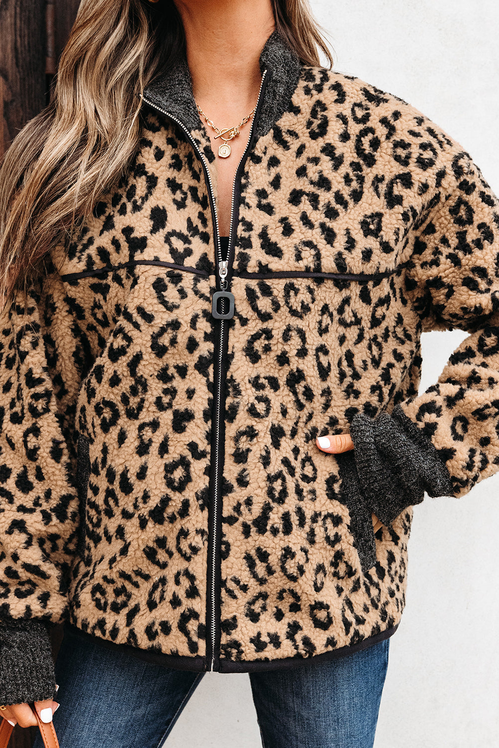 Leopard Zip-Up Stand Neck Side Pocket Jacket