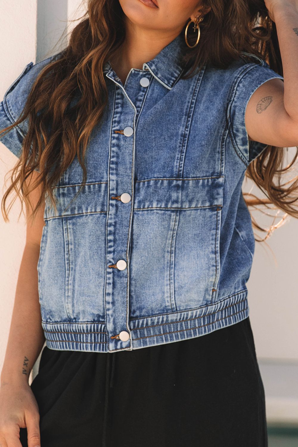 Button Up Cap Sleeve Denim Jacket | Classic Cotton Blend
