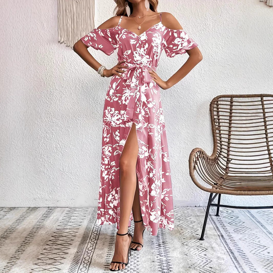 Floral Off-Shoulder A-Line Split Maxi Dress with Waist Belt