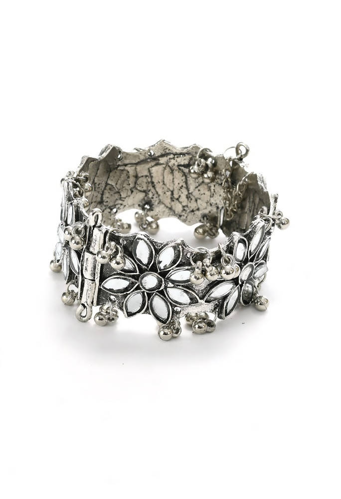 Oxidised silver-plated bracelet with mirror work and Kamal Johar design
