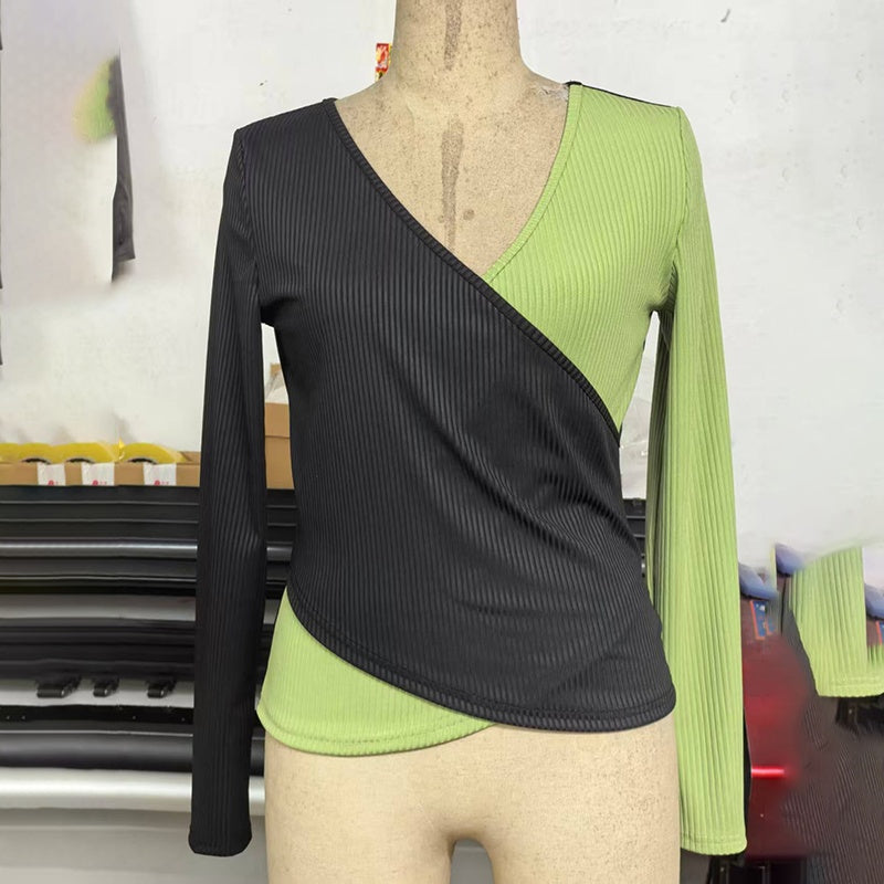 Women's V-Neck Cross Front Color Block Knit Sweater
