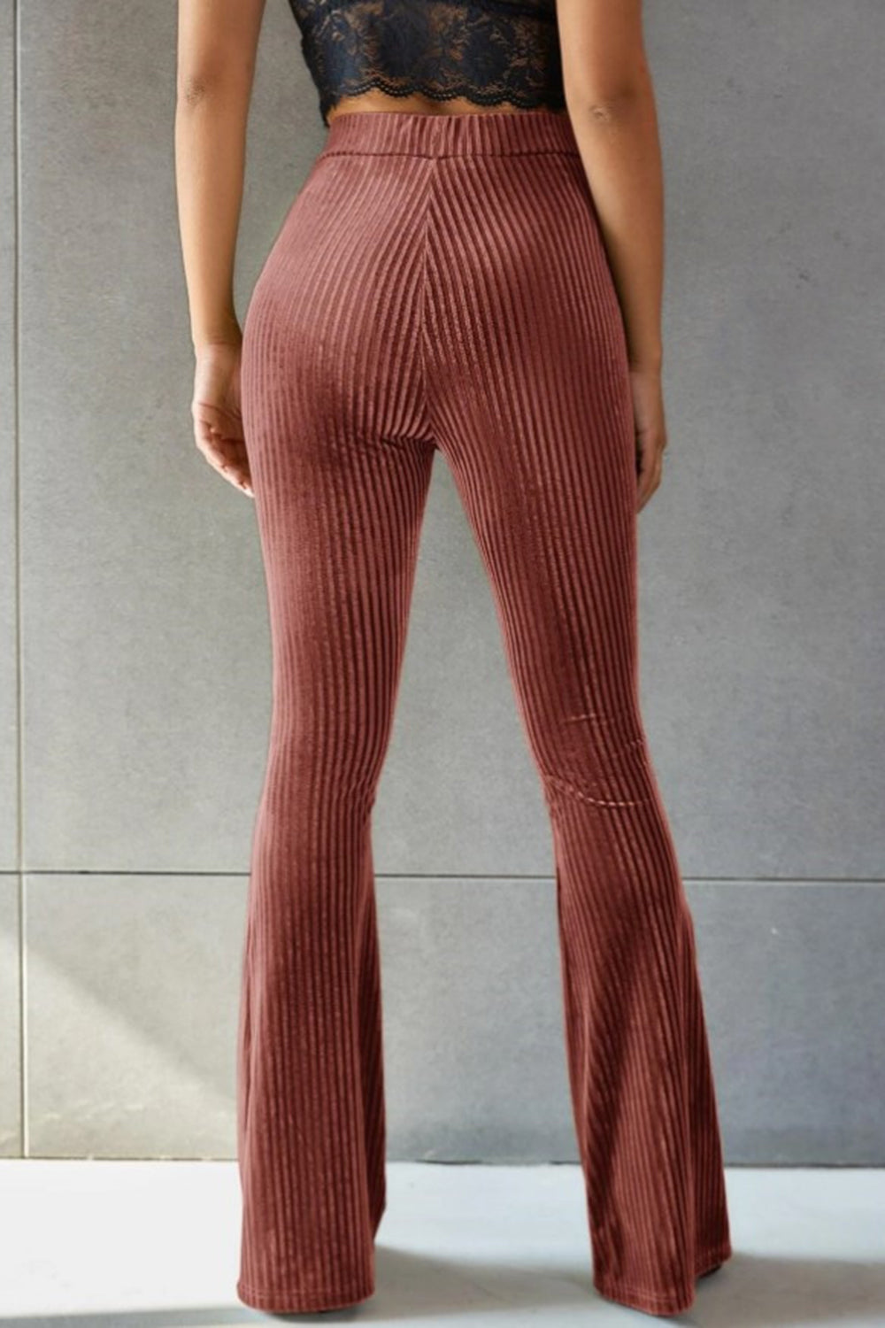 Ribbed High Waist Flare Pants in Grey Velvet