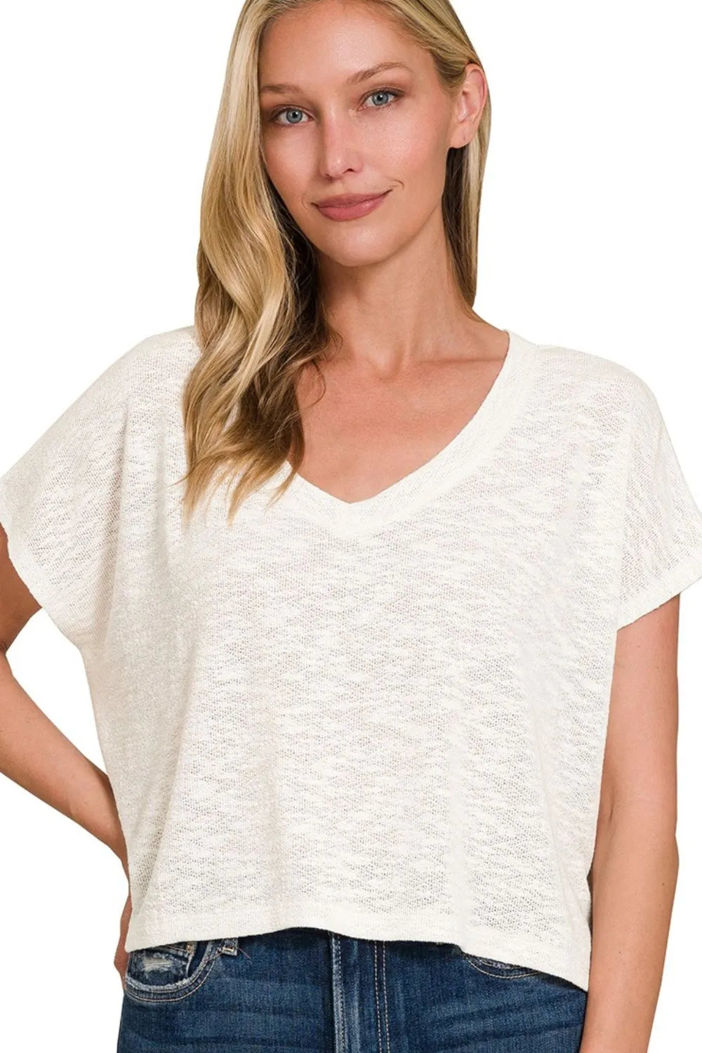 Zenana Hacci Slub V-neck Drop Shoulder Crop Top
