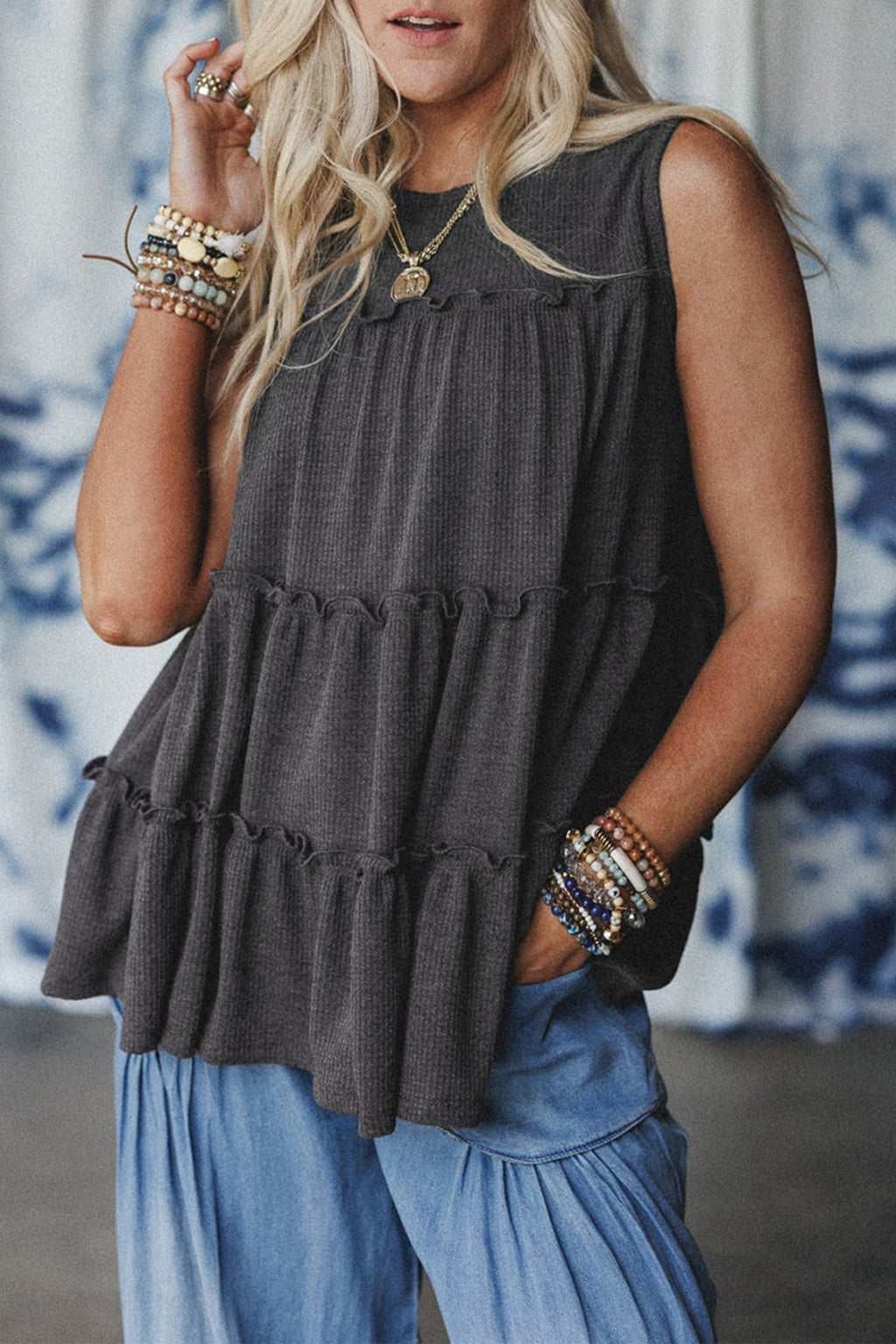 Dark Grey Tiered Frill Trim A-Line Tank Top