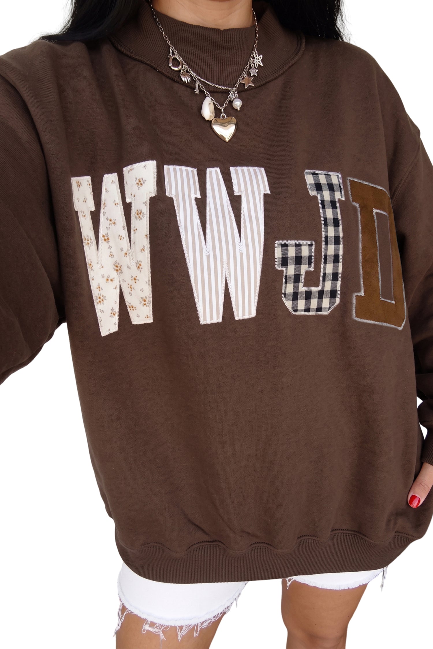Gray WWJD Mixed Pattern Embroidered Patch Graphic Mock Neck Sweatshirt
