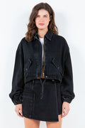 Stylish black American Bazi cropped trucker jacket with drawstring waist for girls