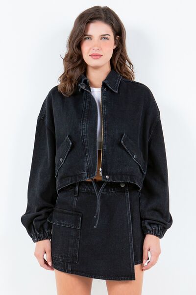 Stylish black American Bazi cropped trucker jacket with drawstring waist for girls