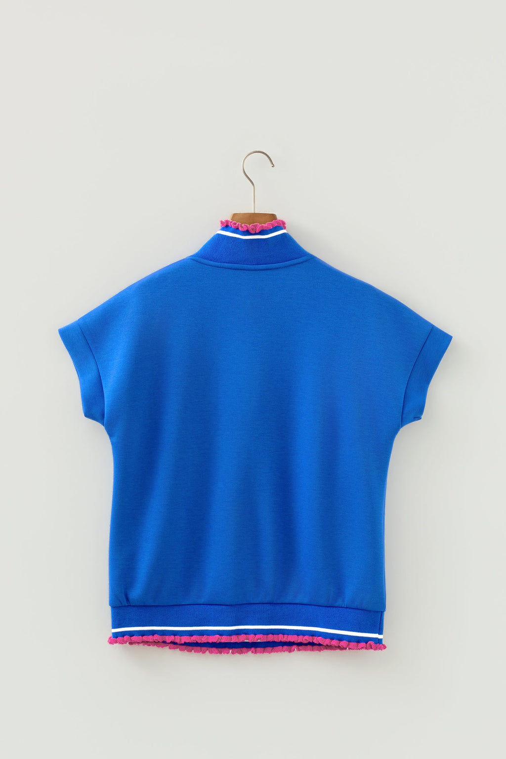 Contrast Frilled Trim Button Collar Short Sleeve Top