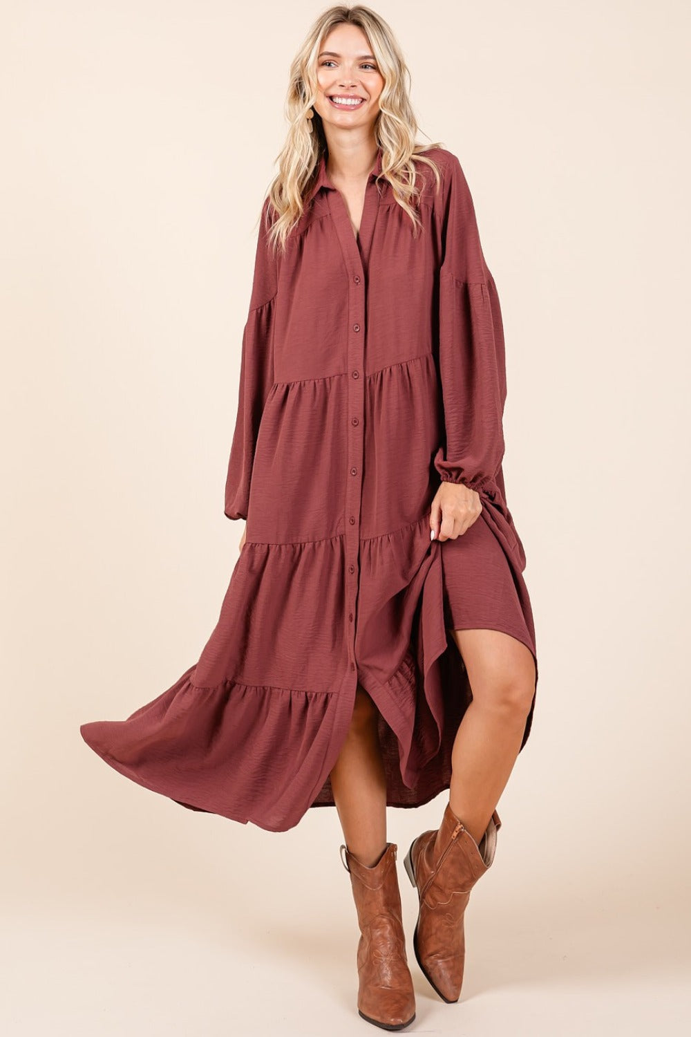 Tiered midi dress with long sleeves and front button-down closure