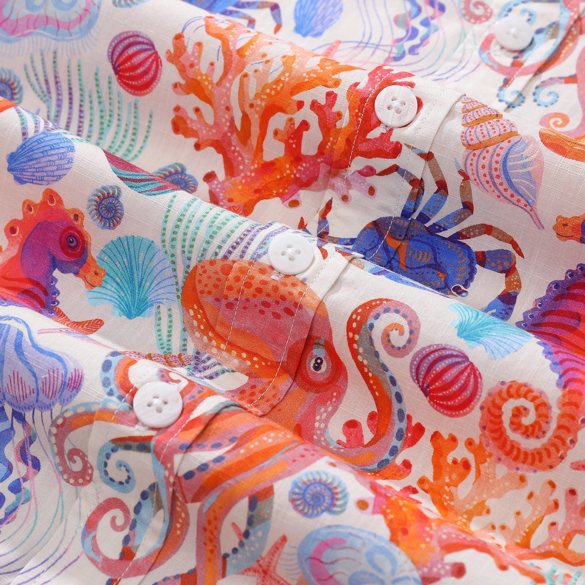Men's Ocean Life Print Cotton Button-Down Short Sleeve Aloha Shirt