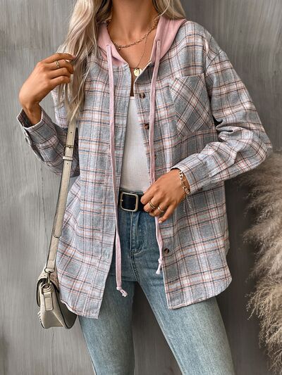 Women's Plaid Button-Down Hooded Jacket Cotton-Blend Shacket
