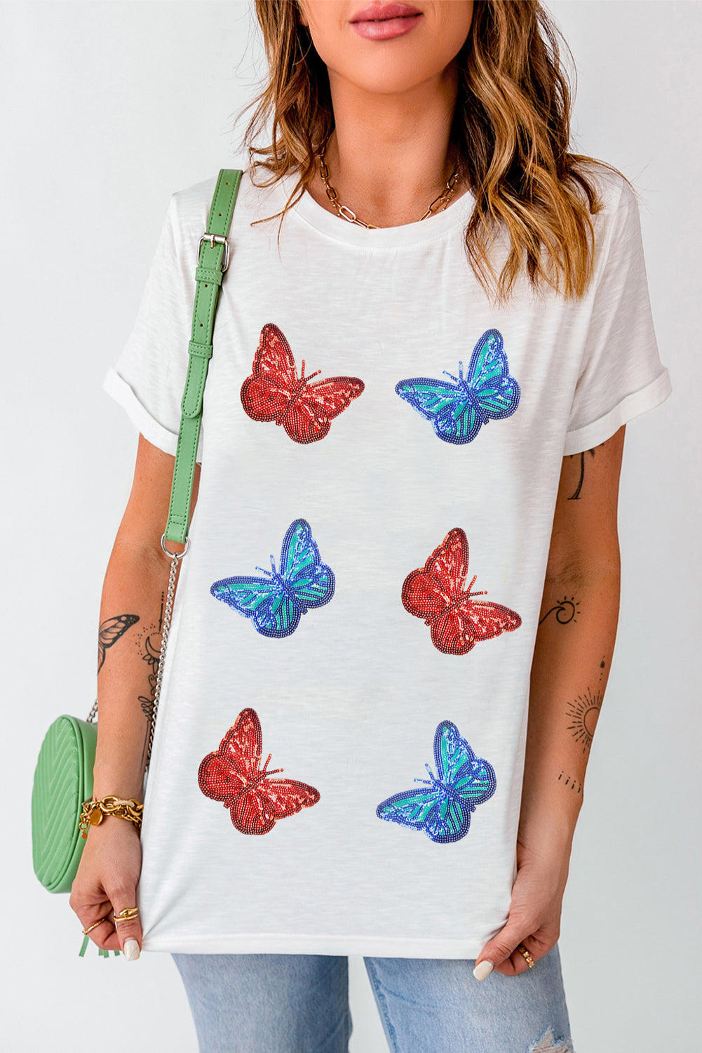 Lady Ros sequin butterfly graphic round neck short sleeve t-shirt