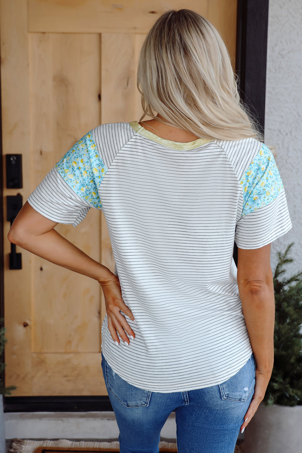 Floral Contrast Stripe Patchwork Raglan Sleeve Tee