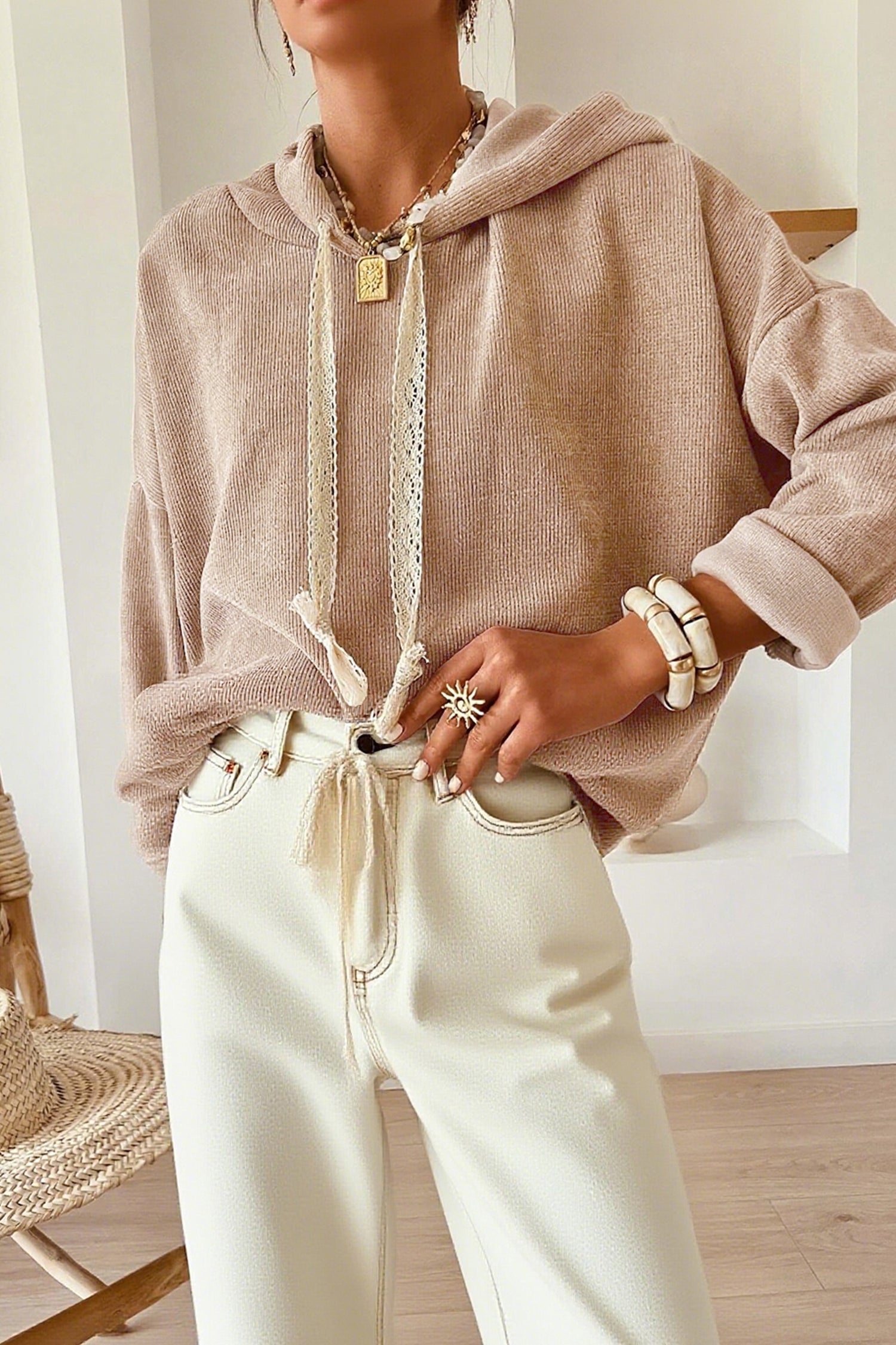 Dark Khaki Thermal Textured Leopard Drawstring Baggy Hoodie