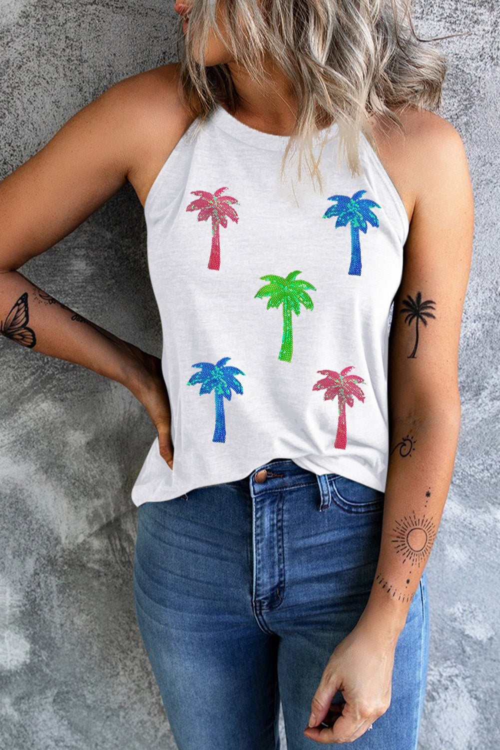 White Sequin Coconut Tree Tank Top with Tropical Palm Graphic - Image 2