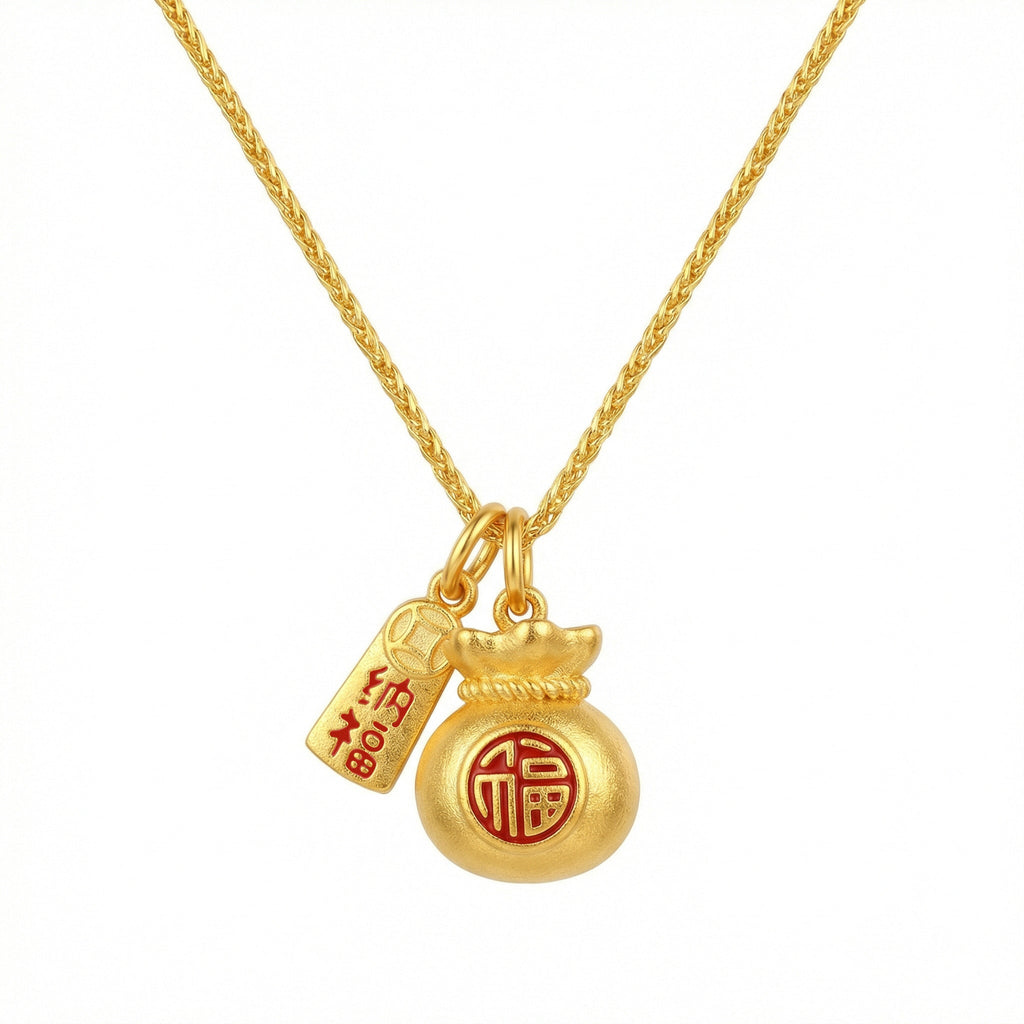 Fortune Money Bag Pendant Necklace with Red Fu Character in Silver