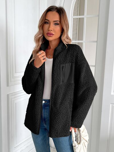 Fuzzy Zip-Up Long Sleeve Jacket Soft Plush Winter Outerwear