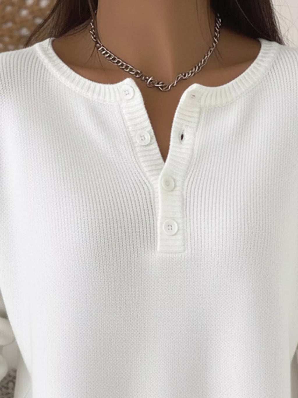 Full Size Half Button Long Sleeve Knit Top Plus Size