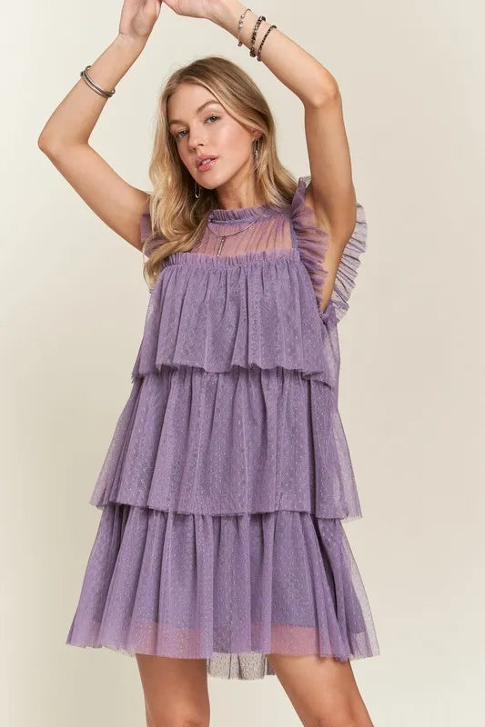 Layered Ruffled Cap Sleeve Mesh Dress for Elegant Events