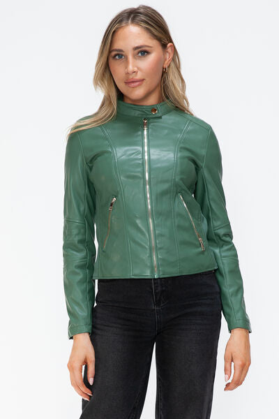 Women's Faux Leather Zip-Up Hooded Jacket Casual Urban Streetwear