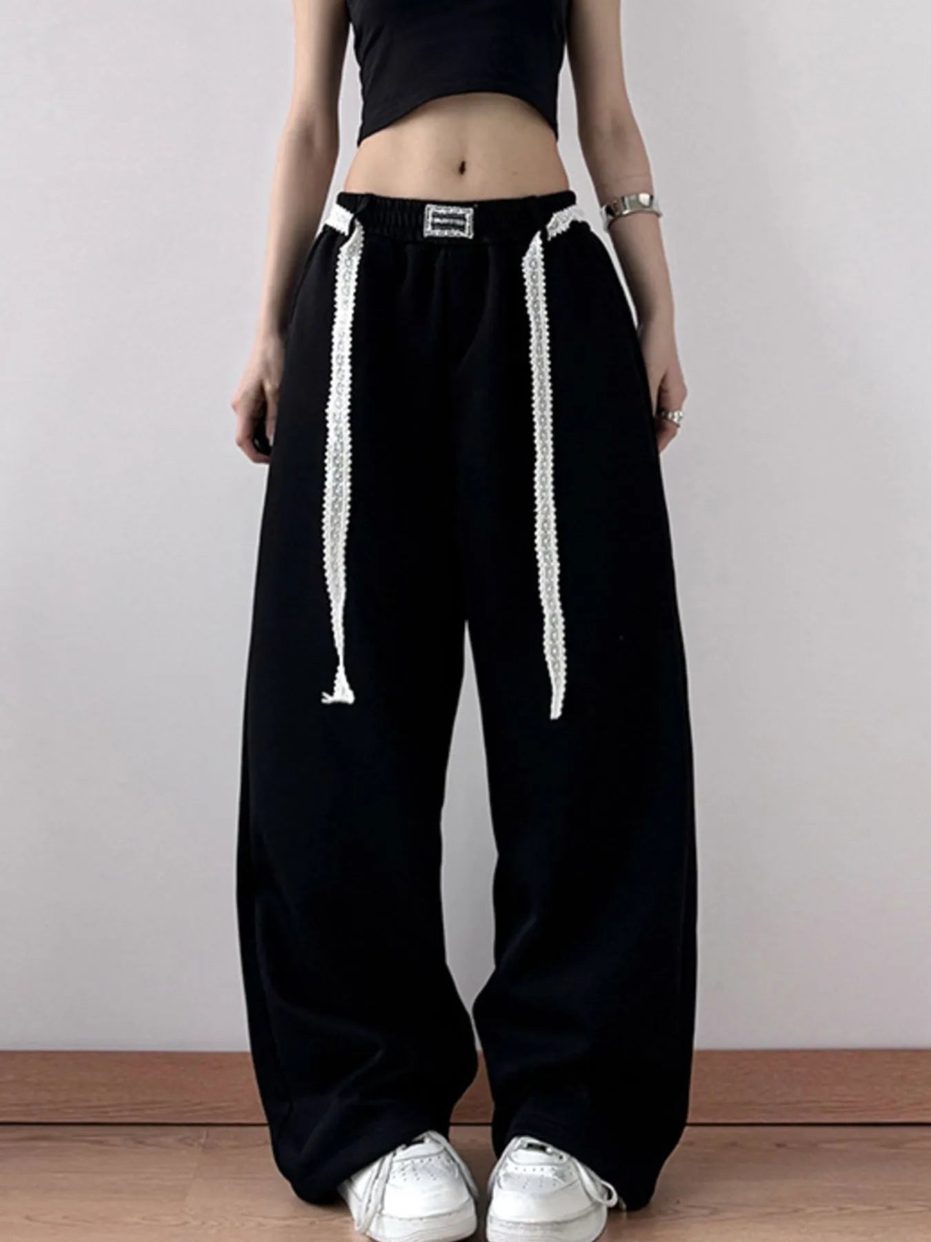 Women's Elastic Waist Wide Leg Pants with Drawstring Detail - Image 7