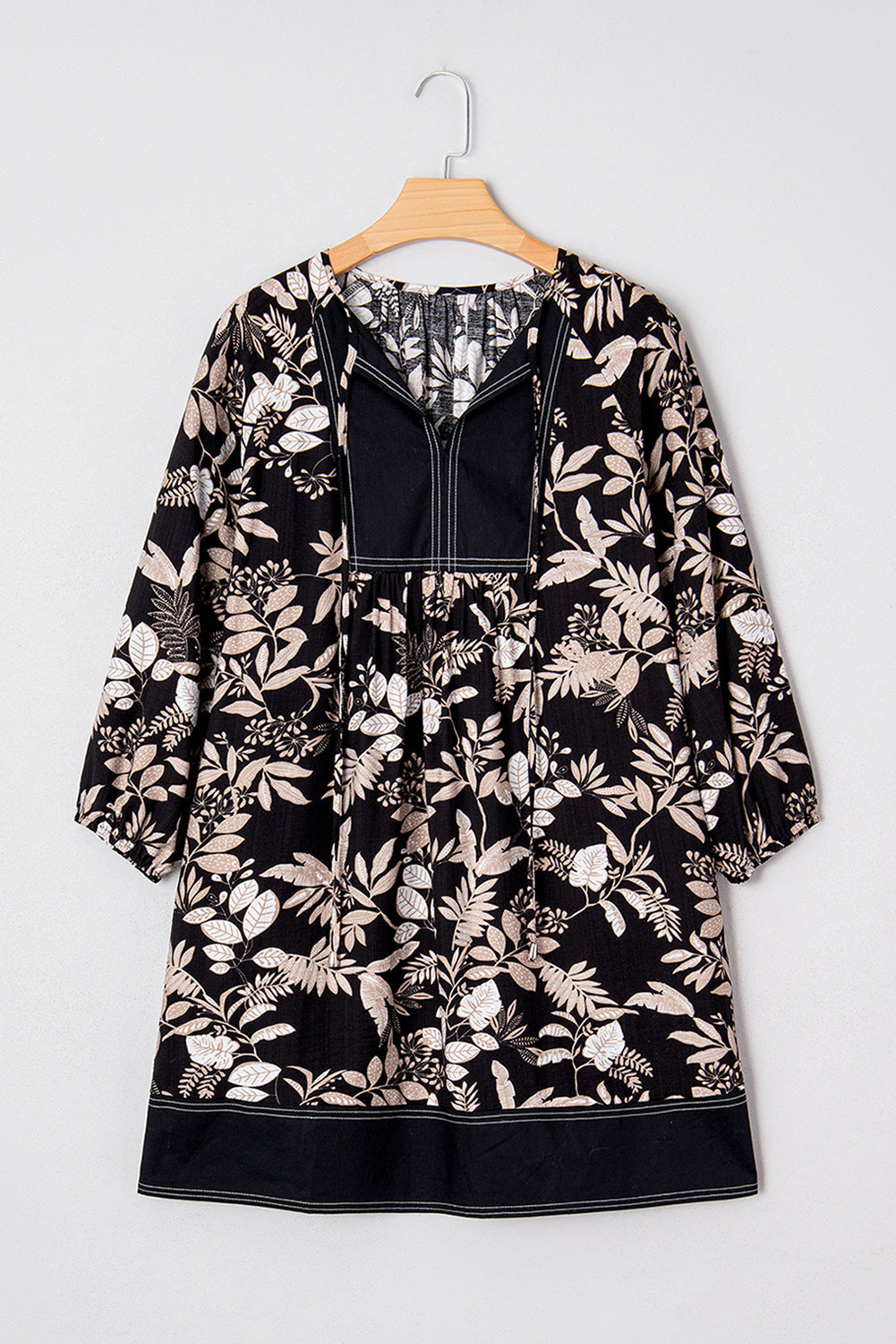 Zaria Botanical Print Split Neck Loose Mini Dress