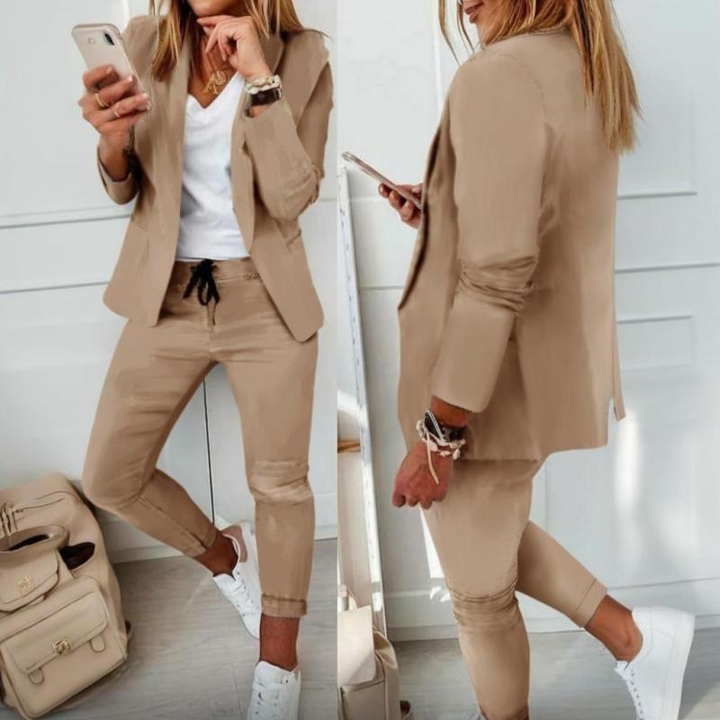 Women Notch-Lapel Blazer and Drawstring Pants Two-Piece Suit