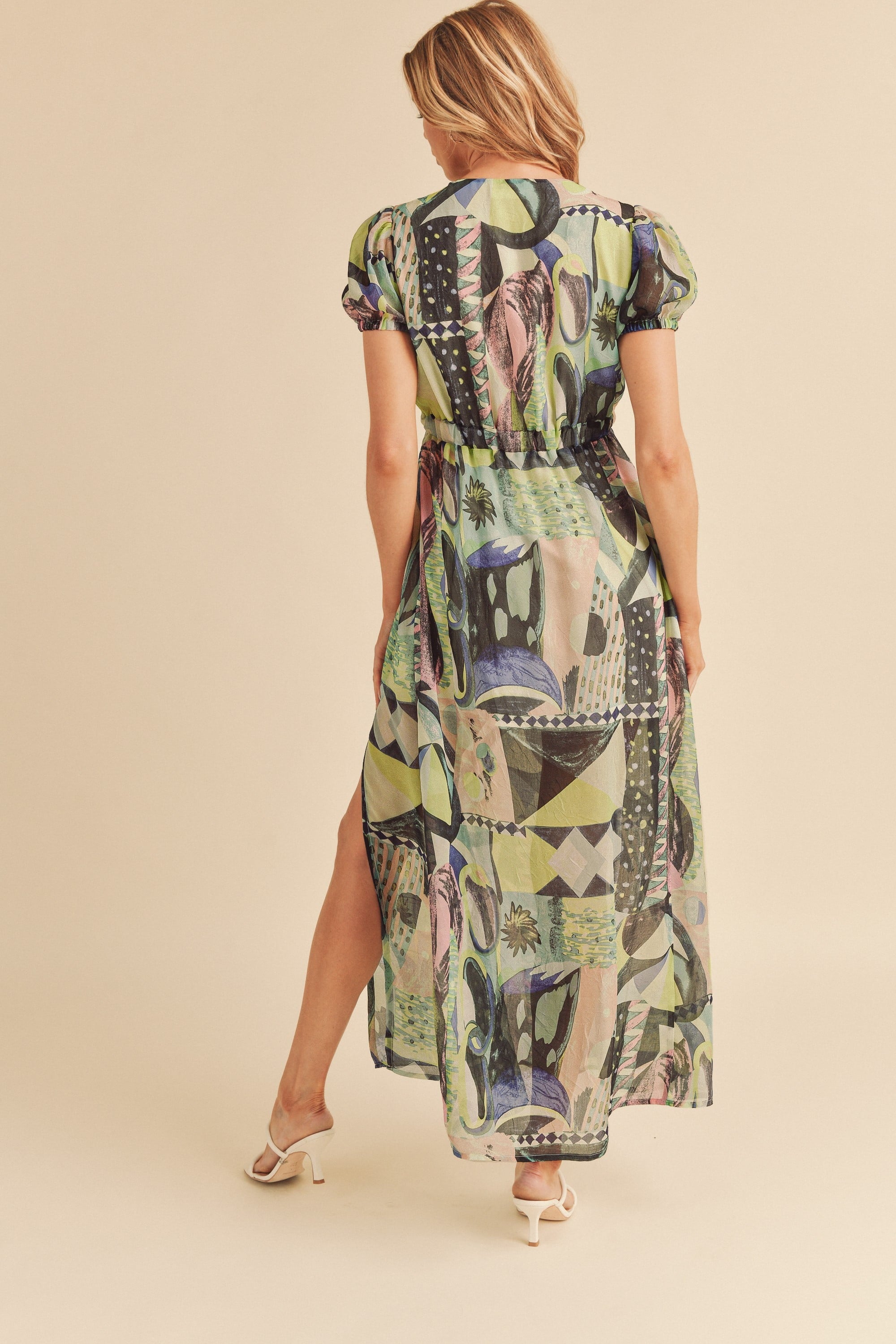 Geometric Print Chiffon Maxi Dress with Lace Slit Detail