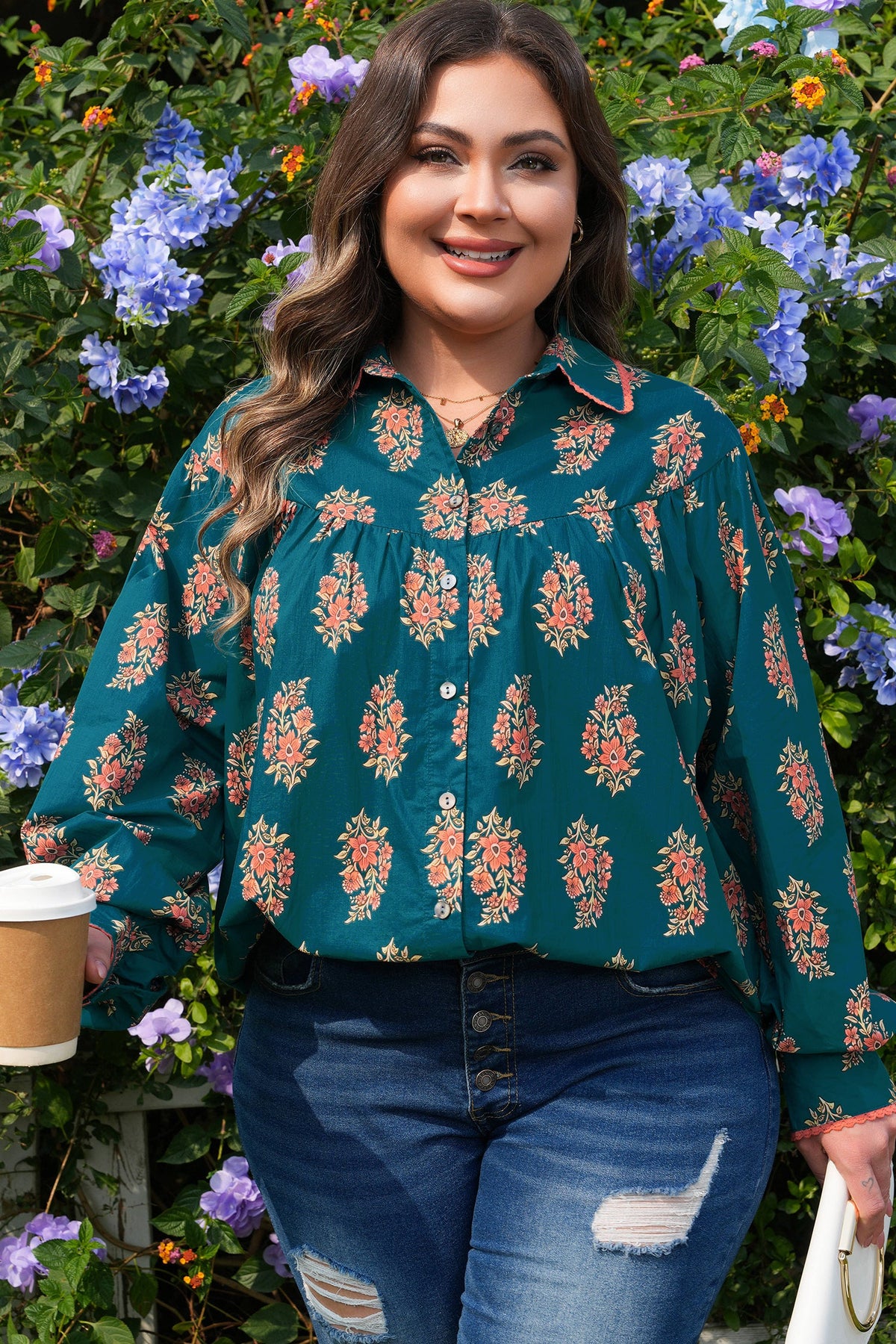 Plus Size Floral Lace Trim Pleated Buttoned Shirt