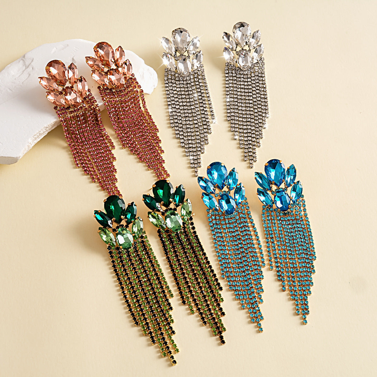 Womens Oval Rhinestone Inlaid Tassel Stud Earrings,Costume Earrings For Daily Banquet Party Wear
