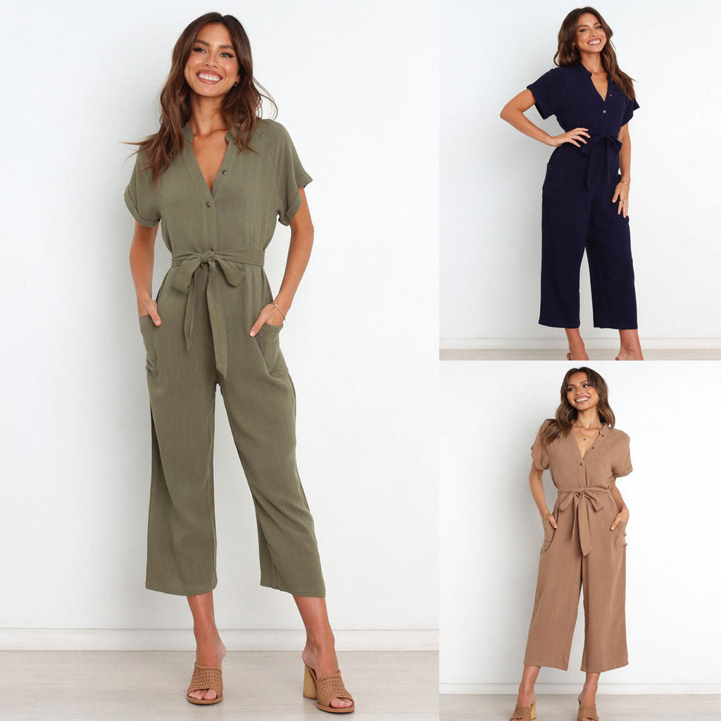 Women's V-Neck Button Front Cropped Wide-Leg Jumpsuit