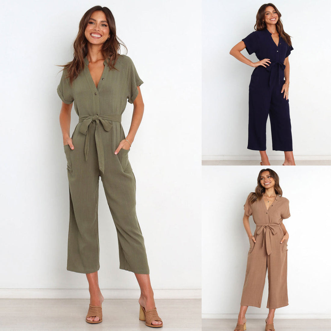Women's V-Neck Button Front Cropped Wide-Leg Jumpsuit