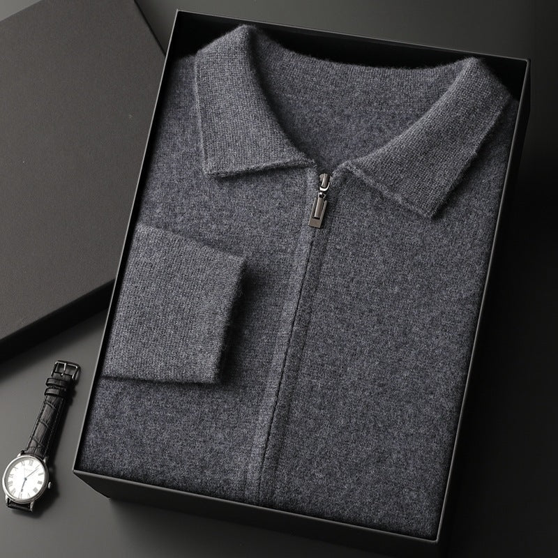 Men's Zip-Front Knit Cardigan Sweater Coat in Neutral Tones