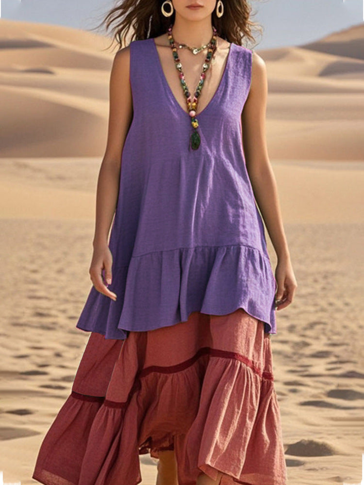 Women's Sleeveless Color-Block Patchwork Maxi Dress – V-Neck