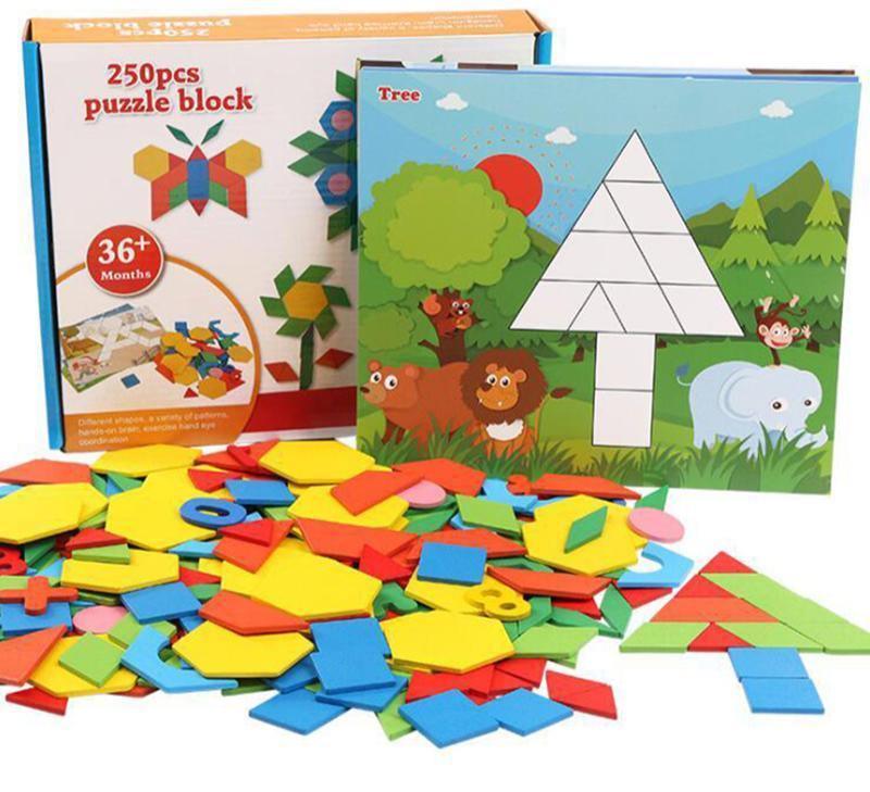 250-piece wooden geometric puzzle set in yellow, red, blue, and green with various shaped blocks.