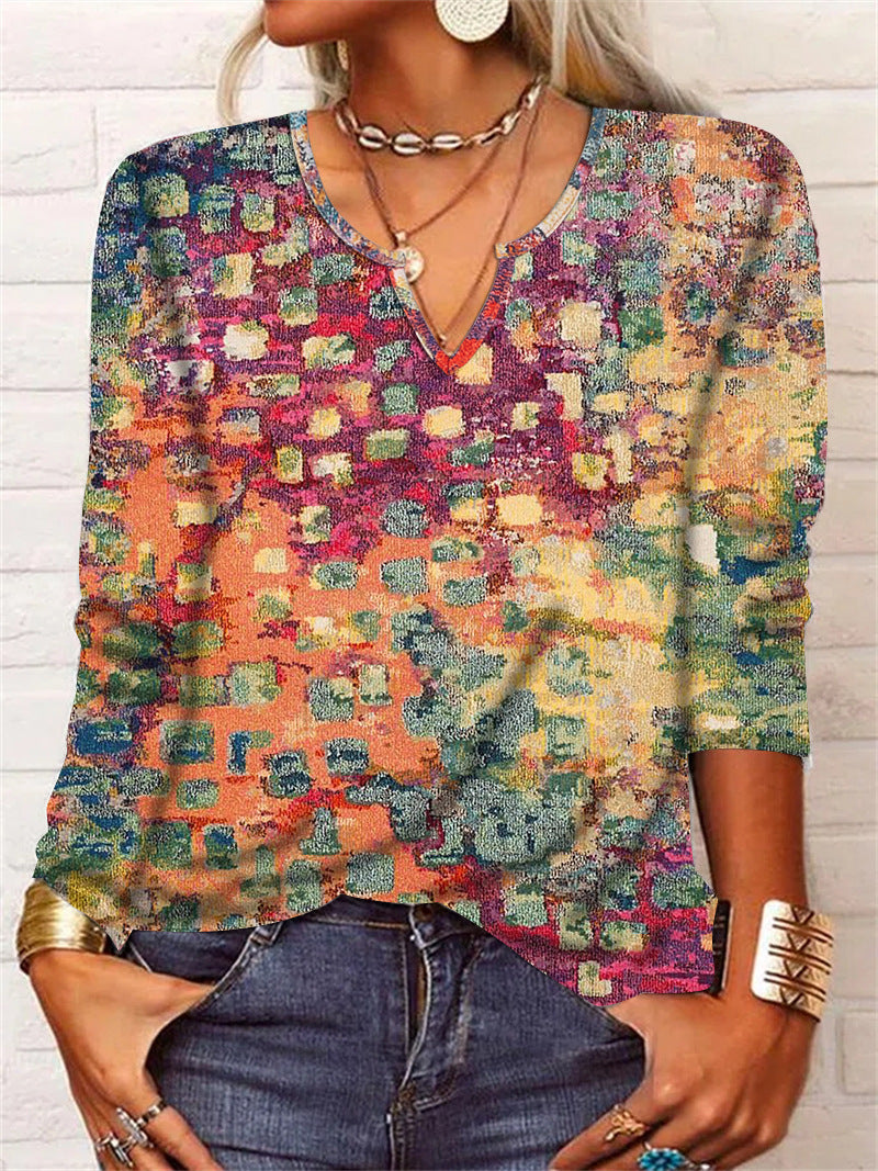 Women's Ethnic Print V-Neck Long Sleeve Henley T-Shirt - Image 10