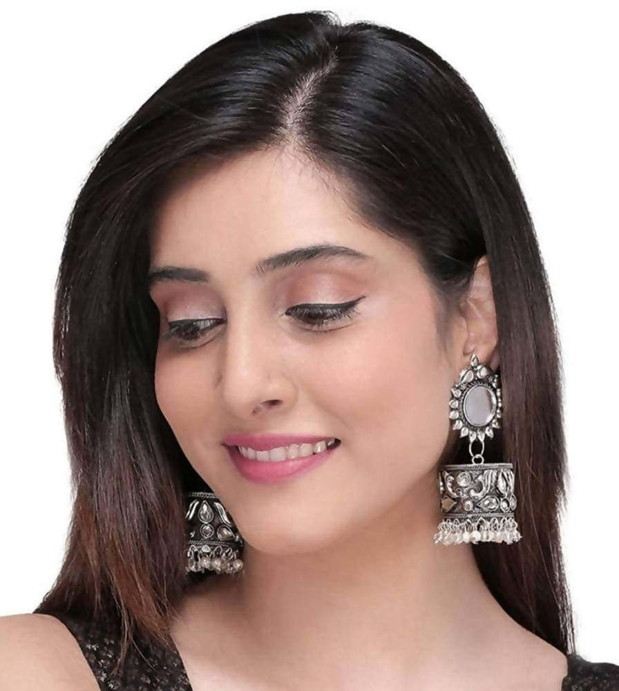 Oxidised Silver-Plated White Stone Earrings for Ethnic Party Wear