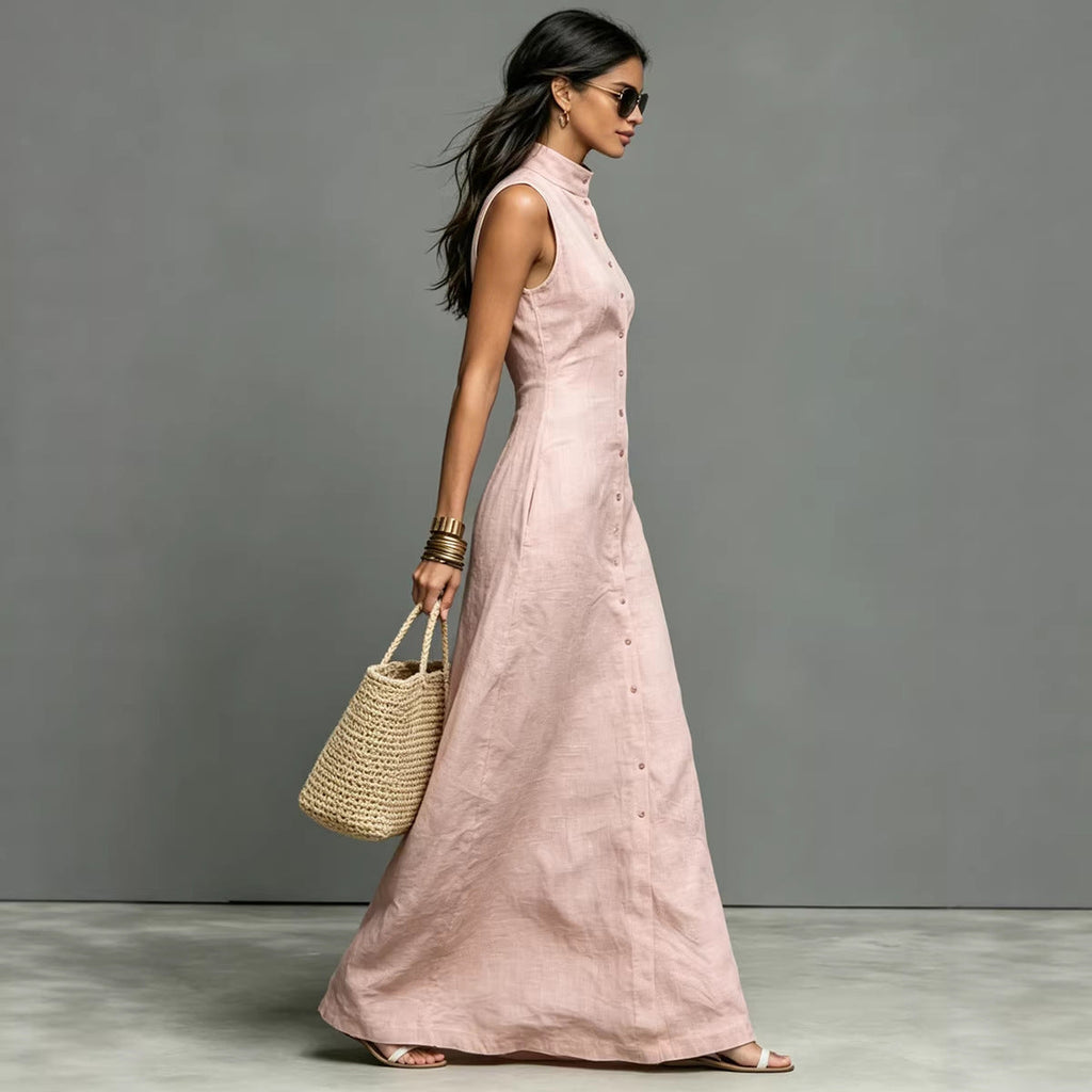 Women's Sleeveless Stand-Collar Button-Front Midi Dress - Image 3