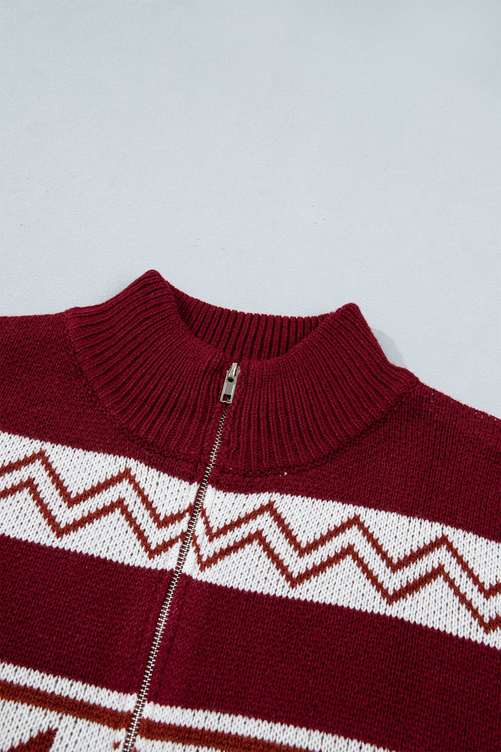Geometric Fair Isle Knit Zip-Up Mock Neck Cardigan