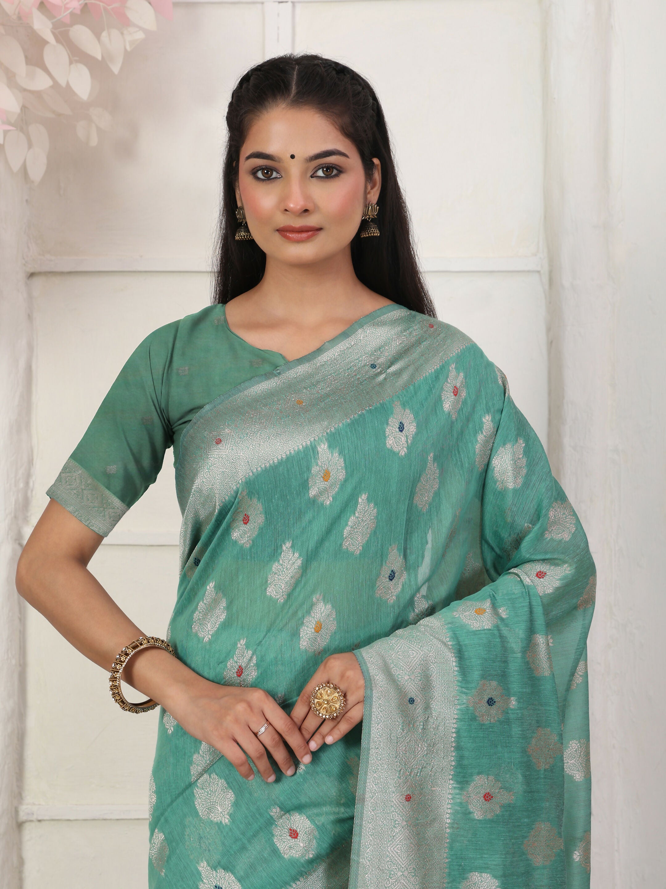 Rama Green Linen Cotton Saree with Matching Blouse