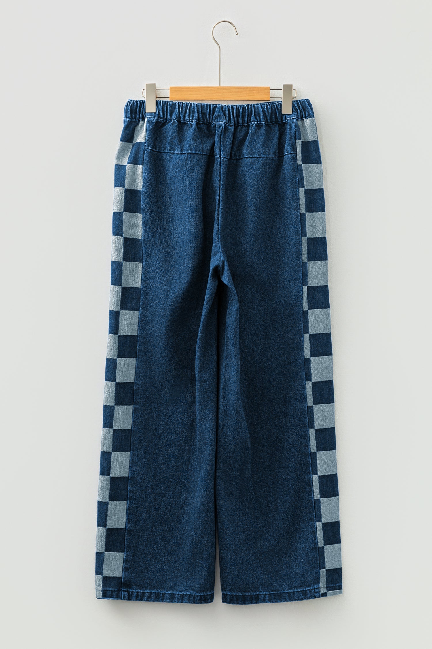 Sail Blue Checkered Patchwork Drawstring Loose Denim Pants