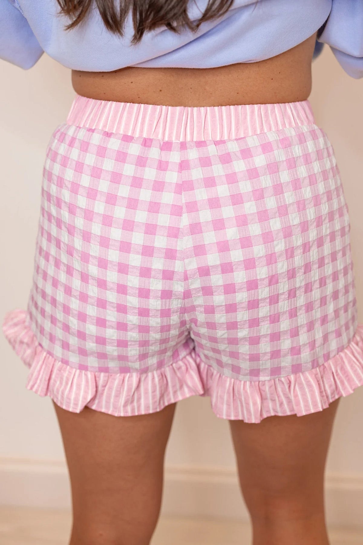 Sky Blue Gingham Print Ruffle Striped Detail Lace Tie Shorts