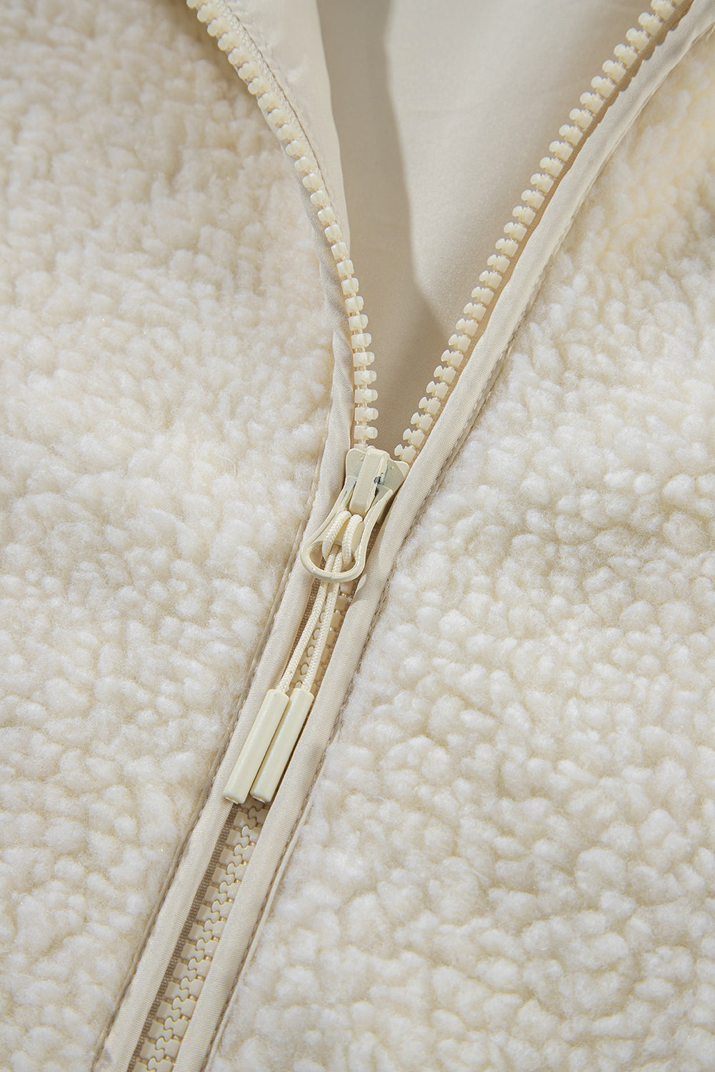 Beige Fleece Zip Up Hooded Jacket with Drawstring & Pockets