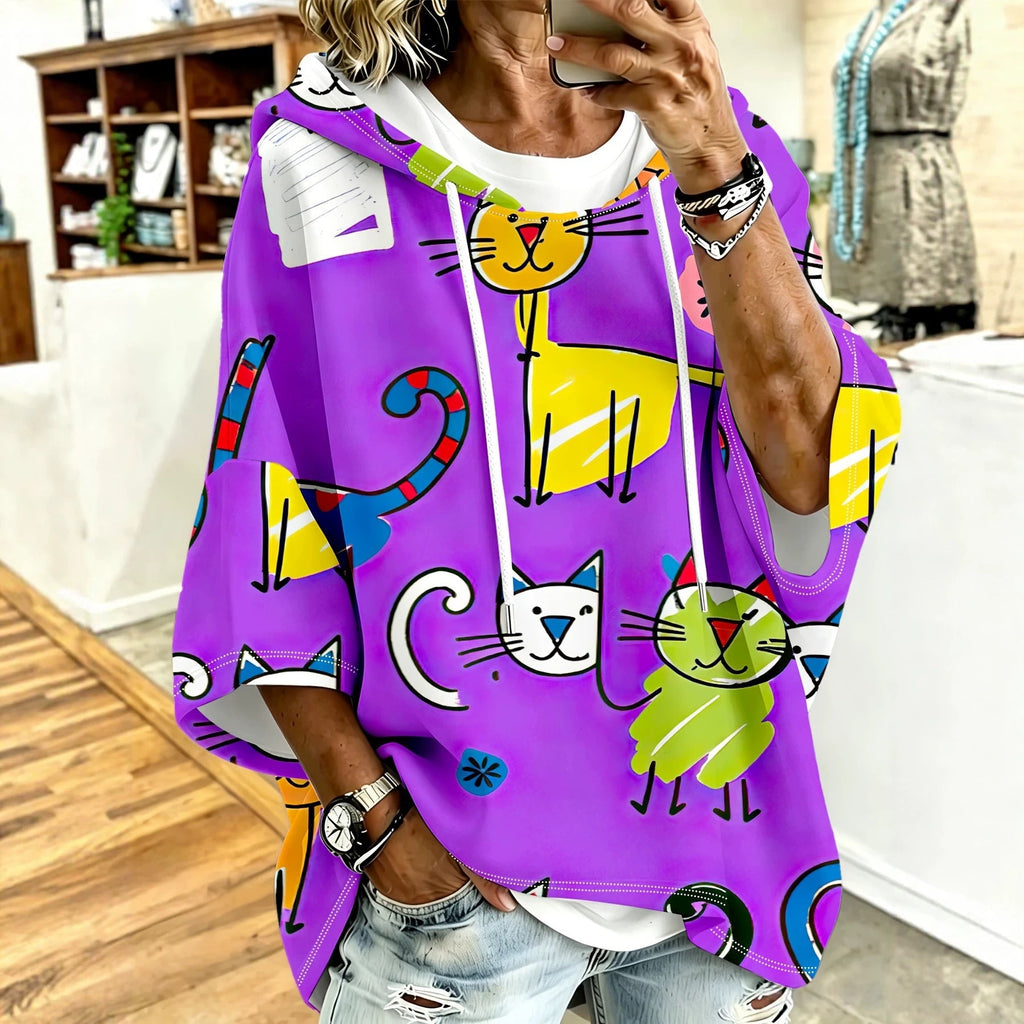 Cartoon Cat Print Hoodie with 3/4 Sleeves & Drawstring