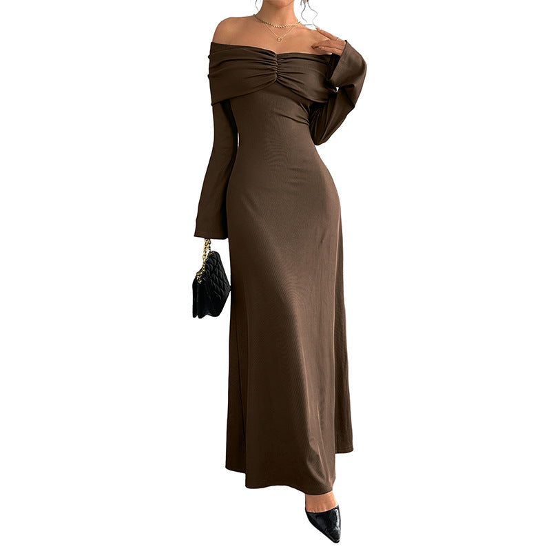 Coffee Brown Off-Shoulder Long Sleeve Knit Maxi Dress
