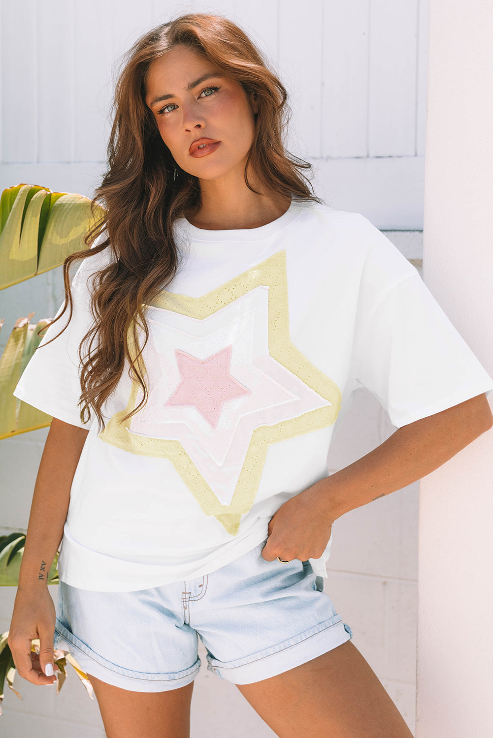 White Layered Star Patched Half Sleeve Loose Fit Cotton Tee