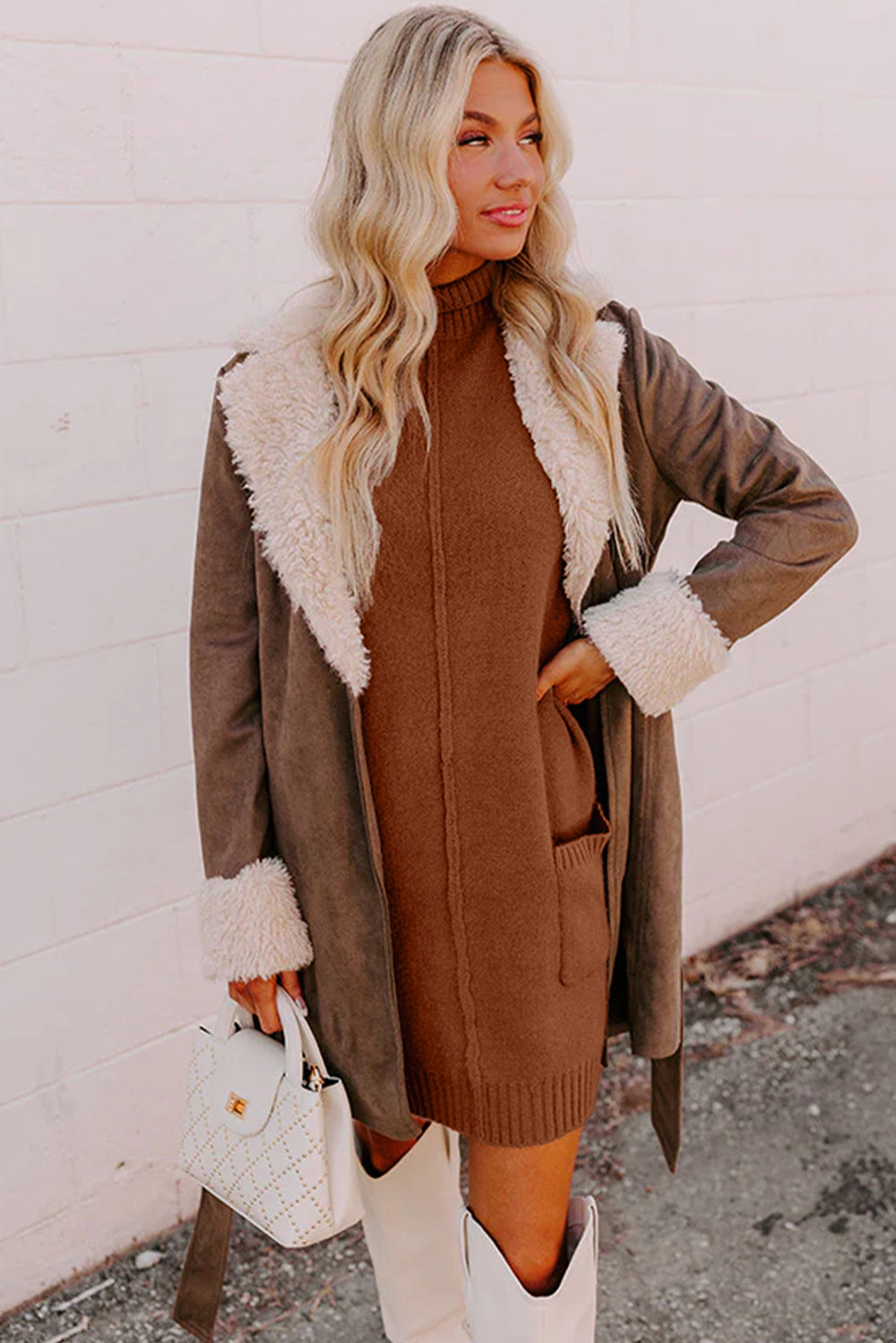 Women's Ribbed Mock Neck Sweater Dress in Brown and Red