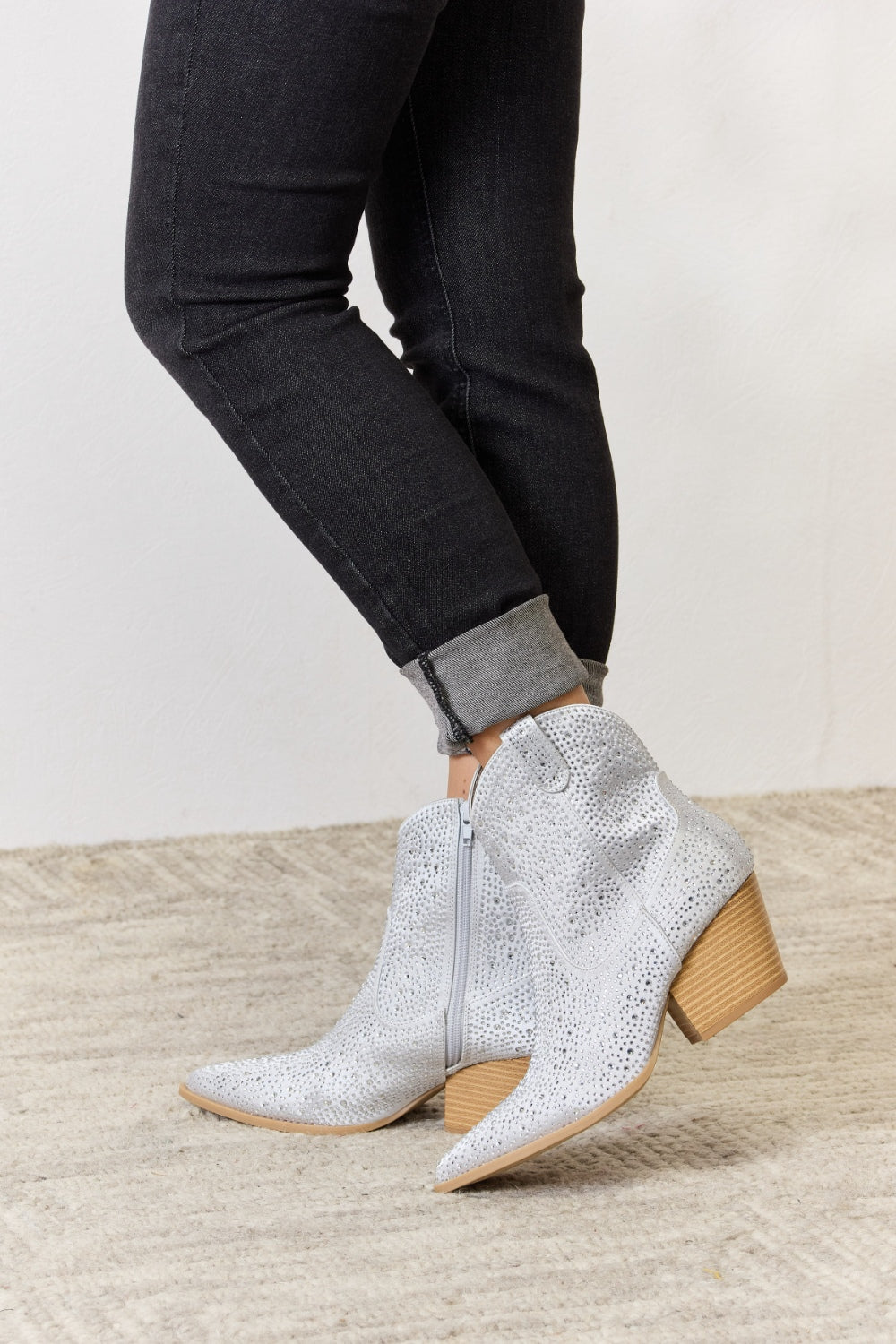 Rhinestone Ankle Cowboy Boots Silver Women's Western
